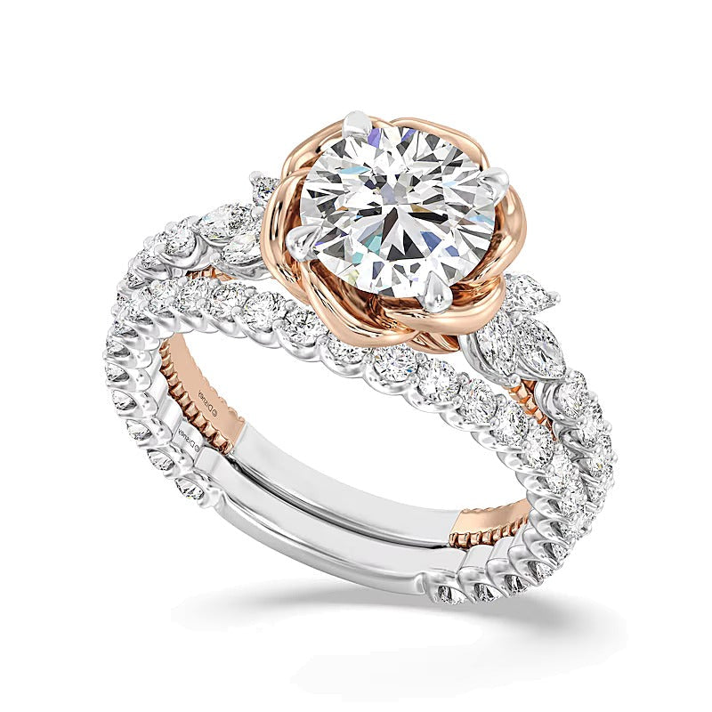 Solitär-Verlobungsring mit seitlichem Besatz für Damen mit Labordiamanten in rund und Marquise, 2,75 ct. Gesamtgewicht, weiß, 14K Two-Tone Gold