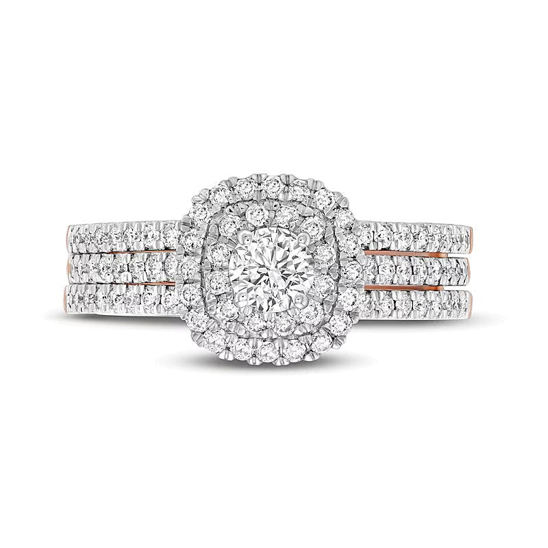 1.0 ct. Gesamtgewicht Diamant Braut-Set mit doppeltem Rahmen und mehrreihigem Design in 10K Roségold