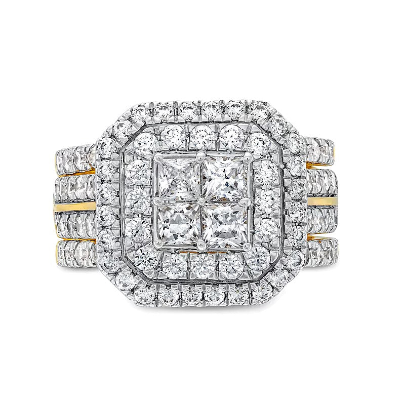 3.0 ct. Gesamtgewicht Multi-Diamant Komposit Halo Dreiteiliges Brautset in 14K Gelbgold