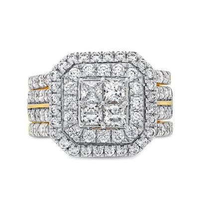 3.0 ct. Gesamtgewicht Multi-Diamant Komposit Halo Dreiteiliges Brautset in 14K Gelbgold