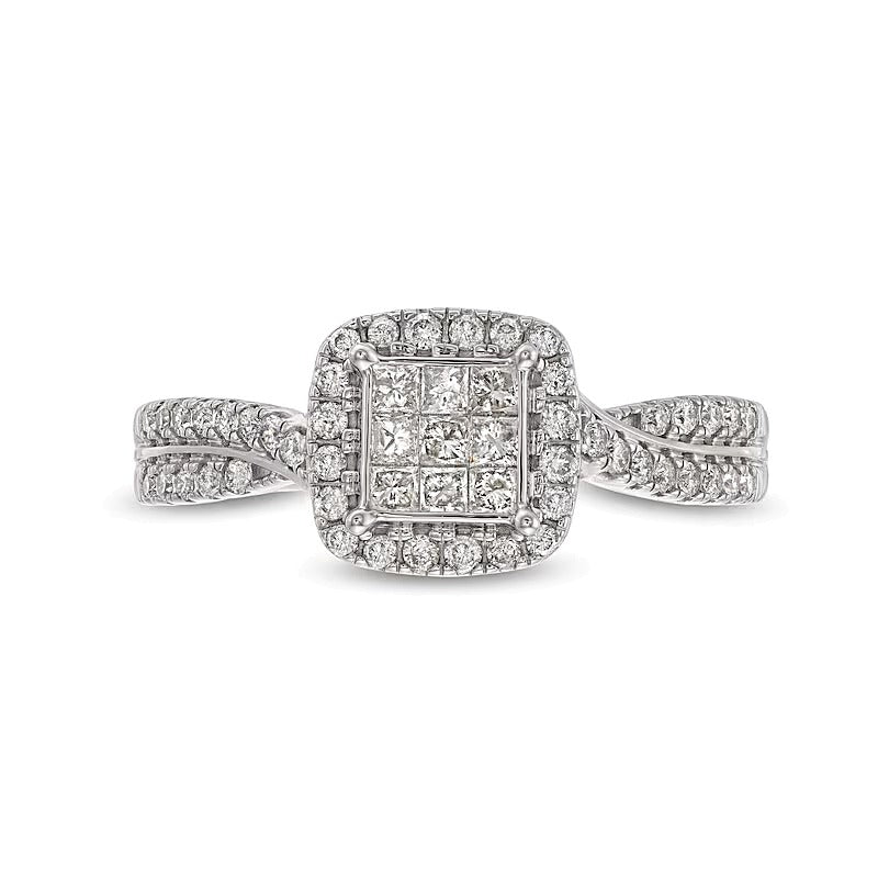 Verlobungsring 0.5 ct. Gesamtgewicht mit weißen Diamanten im Princess-, Rund- und Kissenschliff, Halo, in 14K Weißgold