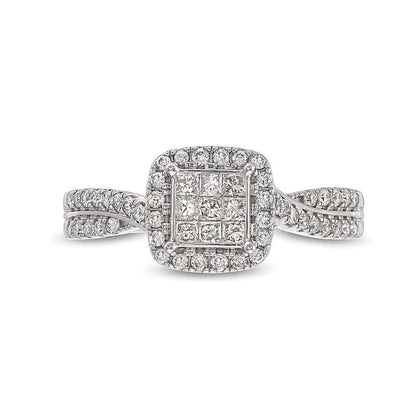 Verlobungsring 0.5 ct. Gesamtgewicht mit weißen Diamanten im Princess-, Rund- und Kissenschliff, Halo, in 14K Weißgold
