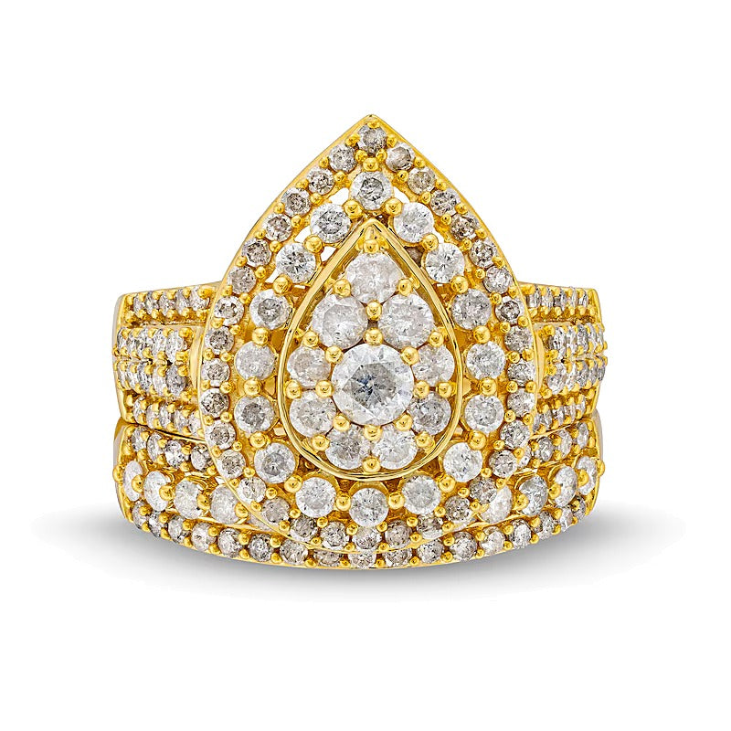2.0 ct. Gesamtgewicht Brautset mit weißen Diamanten im Tropfen-Schliff und Tropfen-Rahmen, mehrreihig, in 10K Gelbgold