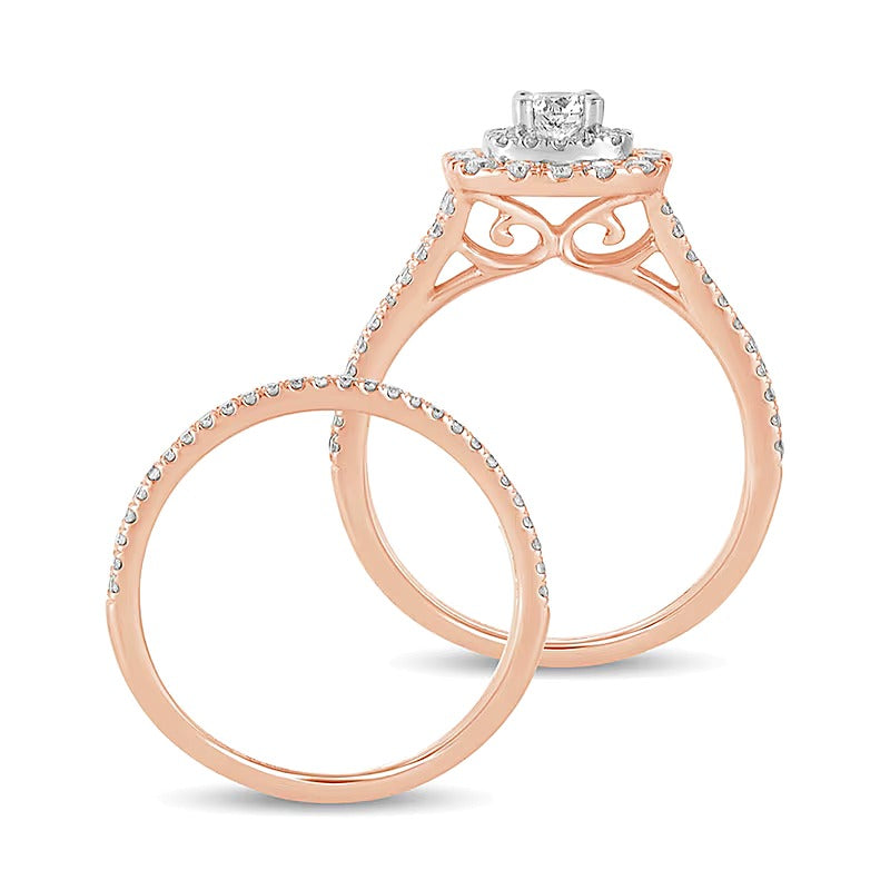 Brautset mit Diamanten 1.0 ct. Gesamtgewicht, rund & Kissenschliff, mehrreihig, in 10K Roségold