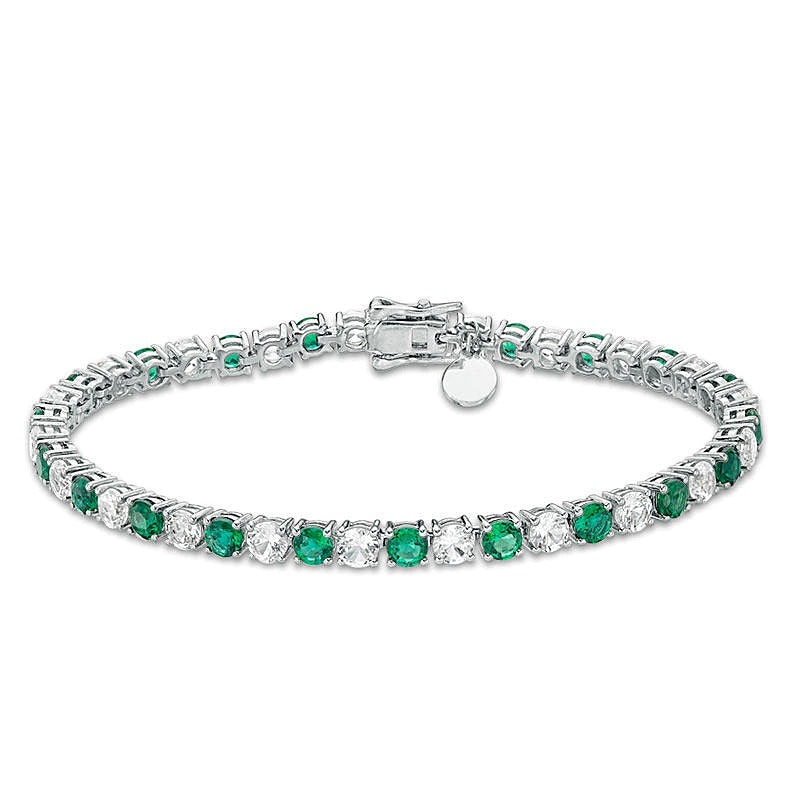 4,0mm Tennisarmband mit Labor-Smaragden und weißen Saphiren im Wechsel aus rhodiniertem Sterlingsilber – 7.25"