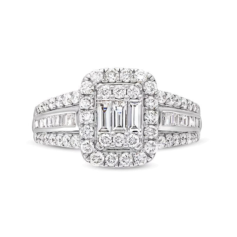 Verlobungsring mit mehreren Diamanten im Baguette-, Rund- und Smaragdschliff 1.0 ct. Gesamtgewicht in 14K Weißgold