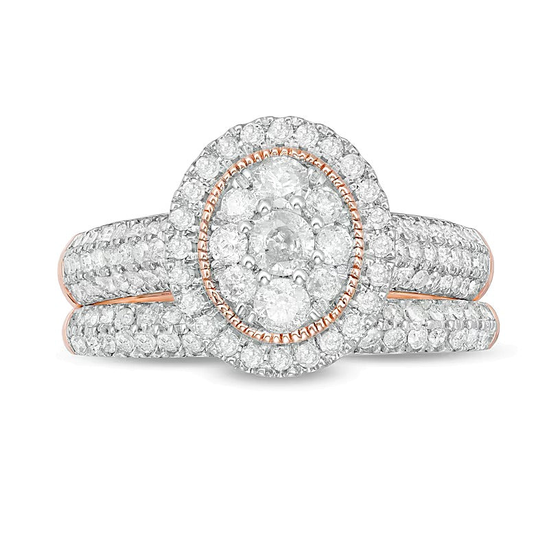 1.0 ct. Gesamtgewicht Diamant-Brautset im Vintage-Stil mit ovalem Rahmen in 10K Roségold