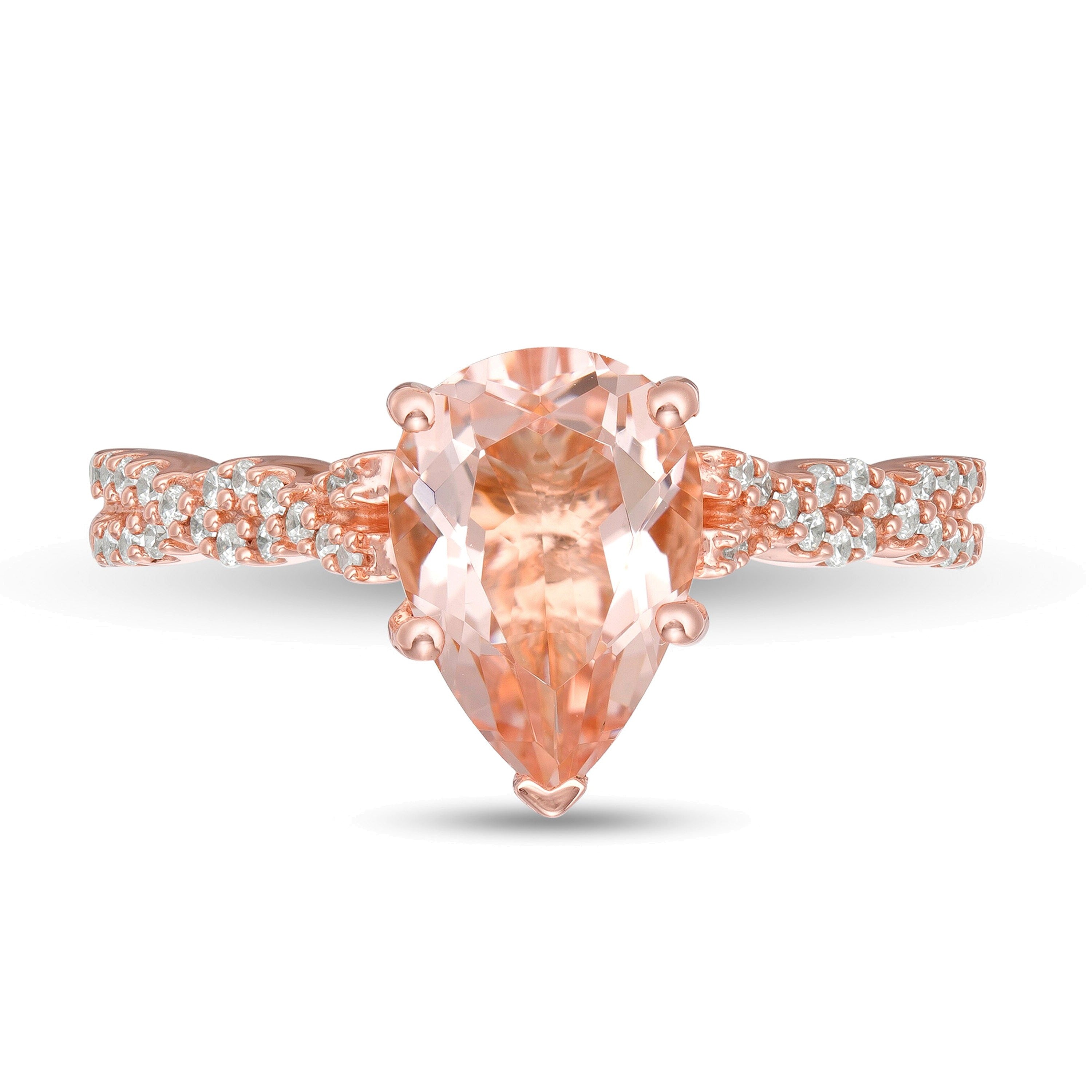 Verlobungsring mit tropfenförmigem Morganit und 0,2 ct. Gesamtgewicht Diamanten und gedrehter Ringschiene in 10K Roségold