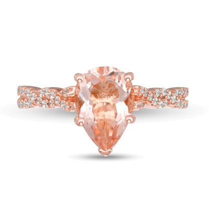 Verlobungsring mit tropfenförmigem Morganit und 0,2 ct. Gesamtgewicht Diamanten und gedrehter Ringschiene in 10K Roségold