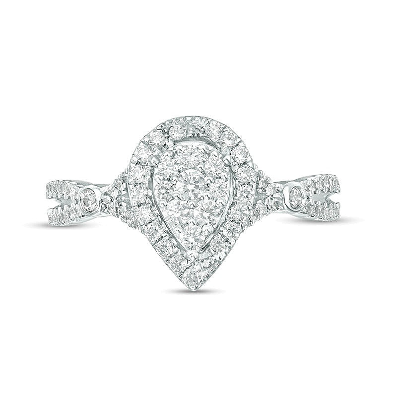 Multi-Diamant-Ring 0,5 ct. Gesamtgewicht mit tropfenförmigem Halo und geteilter Schiene in 10K Weißgold