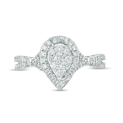 Multi-Diamant-Ring 0,5 ct. Gesamtgewicht mit tropfenförmigem Halo und geteilter Schiene in 10K Weißgold