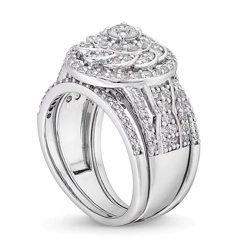 Brautset mit Diamanten 1.5 ct. Gesamtgewicht im keltischen Blumendesign mit Halo aus 10K Weißgold