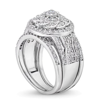 Brautset mit Diamanten 1.5 ct. Gesamtgewicht im keltischen Blumendesign mit Halo aus 10K Weißgold