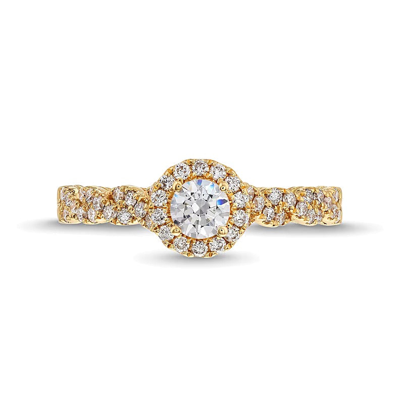 Halo Verlobungsring mit weißen Diamanten im Rundschliff 0,75 ct. Gesamtgewicht in 14K Gelbgold