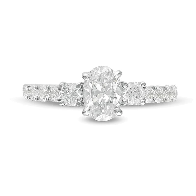 Dreistein-Verlobungsring mit Diamanten in Oval- und Rundschliff 1.33 ct. Gesamtgewicht in 14K Weißgold