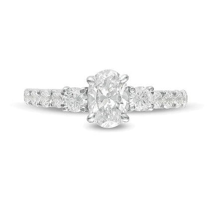 Dreistein-Verlobungsring mit Diamanten in Oval- und Rundschliff 1.33 ct. Gesamtgewicht in 14K Weißgold