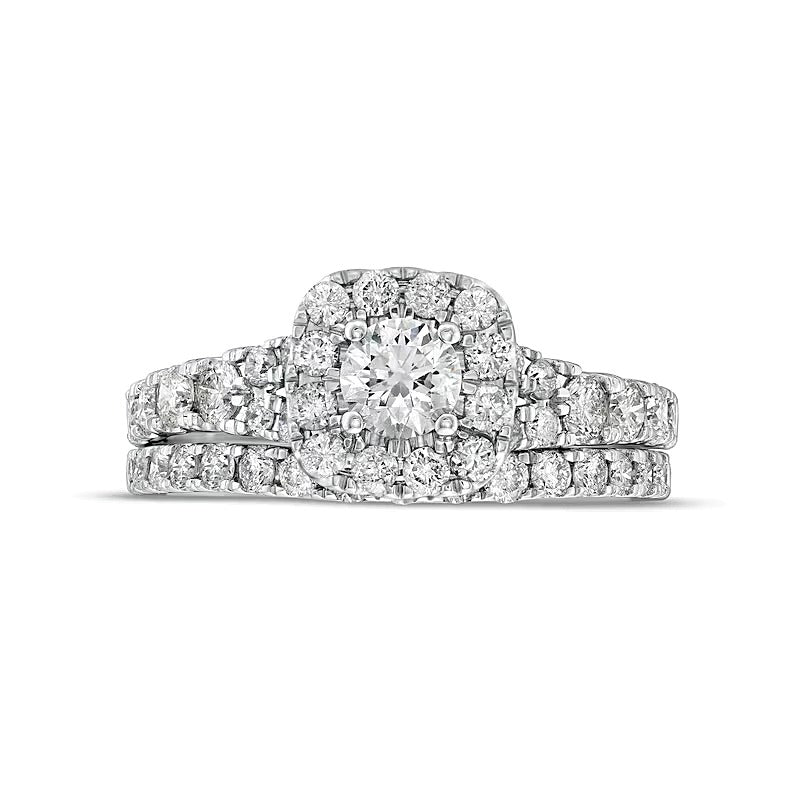 1.5 ct. Gesamtgewicht Diamant Brautset mit Kissenschliff-Halo und geteilter Schiene in 10K Weißgold