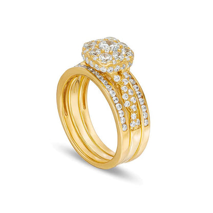 Braut-Set mit Diamanten im Kissenschliff und rund, gedrehter Ringschiene, 1.5 ct. Gesamtgewicht, in 10K Gelbgold