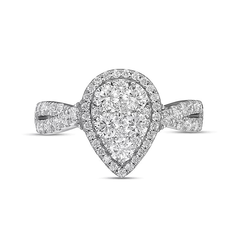 1.25 ct. Gesamtgewicht Verlobungsring mit Komposit-Diamanten in Tropfen- und rundem Schliff, gedrehte Ringschiene, 14K Weißgold