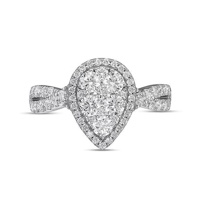 1.25 ct. Gesamtgewicht Verlobungsring mit Komposit-Diamanten in Tropfen- und rundem Schliff, gedrehte Ringschiene, 14K Weißgold