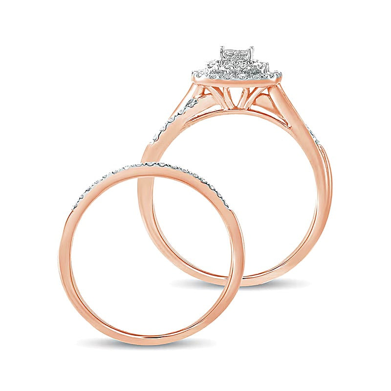 0.38 ct. Gesamtgewicht Braut-Set mit Diamanten im Princess-, Rund- und Kissenschliff, doppelter Kissenschliff-Rahmen und gedrehter Ring, in 10K Roségold