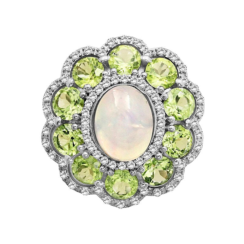 Fashion-Ring mit ovalem Opal und Peridot sowie weißem Labor-Saphir in rhodiniertem Sterlingsilber