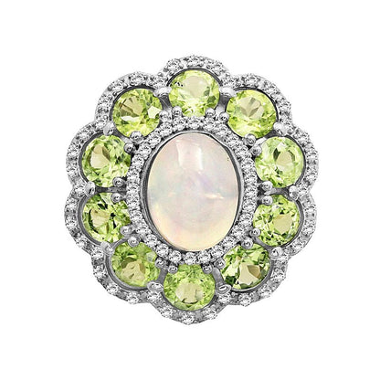 Fashion-Ring mit ovalem Opal und Peridot sowie weißem Labor-Saphir in rhodiniertem Sterlingsilber