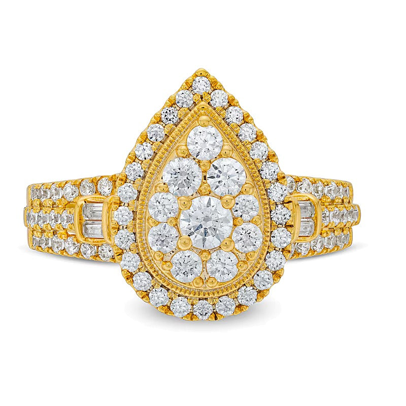 1.0 ct. Gesamtgewicht Halo-Verlobungsring mit Diamanten in Baguette-, rund- und Tropfenschliff in 14K Gelbgold