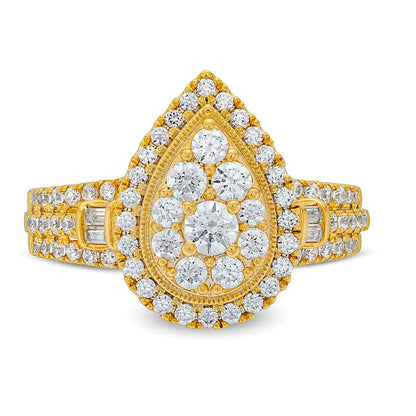 1.0 ct. Gesamtgewicht Halo-Verlobungsring mit Diamanten in Baguette-, rund- und Tropfenschliff in 14K Gelbgold