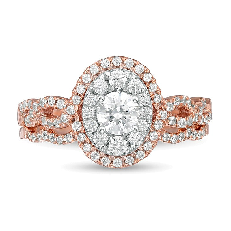 Brautset mit Diamanten in rundem und ovalem Schliff, doppelter ovaler Rahmen mit gedrehter Ringschiene, 10K Roségold, 1.0 ct. Gesamtgewicht, für Damen
