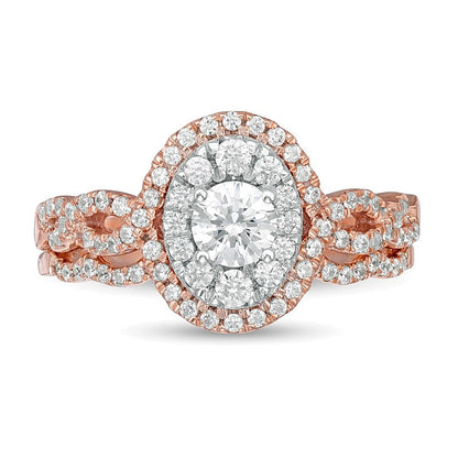 Brautset mit Diamanten in rundem und ovalem Schliff, doppelter ovaler Rahmen mit gedrehter Ringschiene, 10K Roségold, 1.0 ct. Gesamtgewicht, für Damen