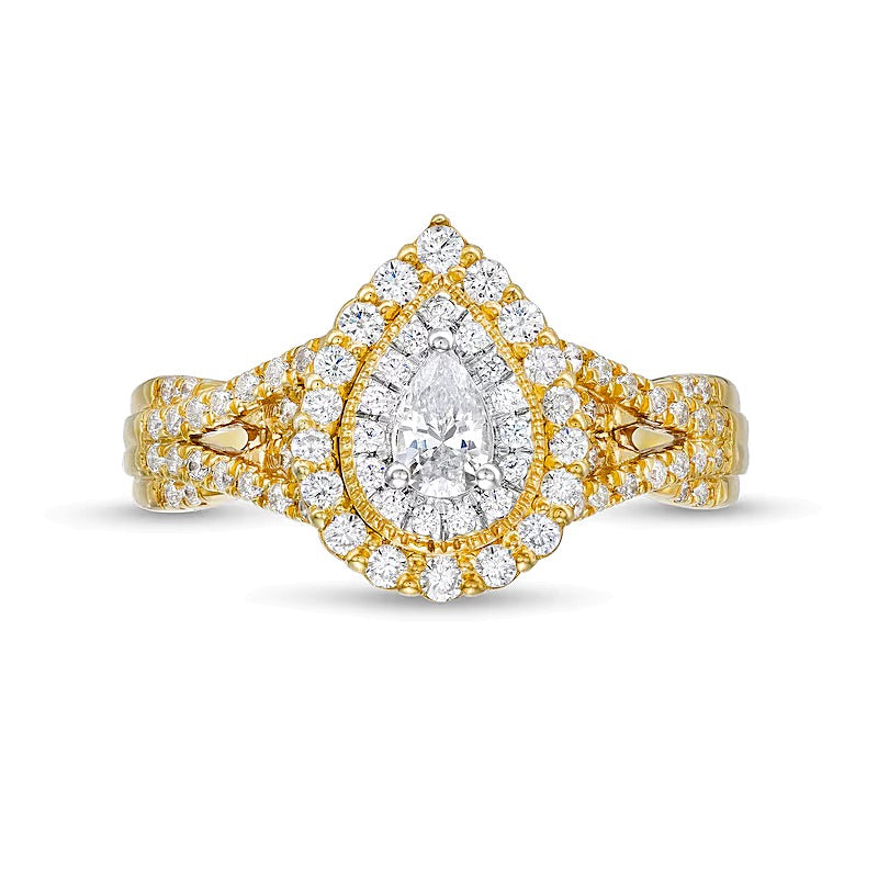 0.63 ct. Gesamtgewicht Verlobungsring mit tropfenförmigem Diamant, Halo und geteiltem Ringschienen-Twist in 10K Gelbgold