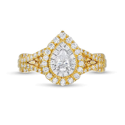 0.63 ct. Gesamtgewicht Verlobungsring mit tropfenförmigem Diamant, Halo und geteiltem Ringschienen-Twist in 10K Gelbgold