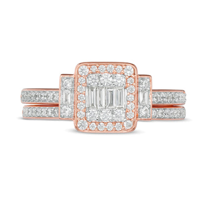 0.5 ct. Gesamtgewicht Komposit-Brautset mit weißen Diamanten im Baguette- und Rundschliff in 10K Roségold