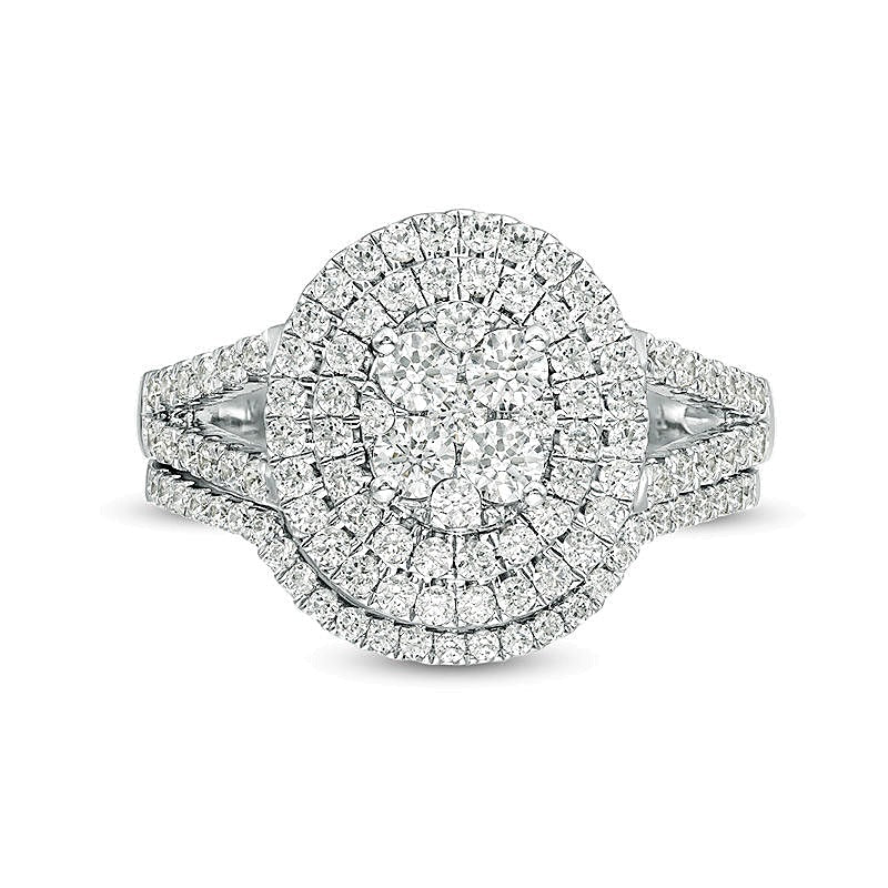 Diamant-Brautset mit doppeltem ovalem Rahmen und Quad-Besatz 1,13 ct. Gesamtgewicht in 10K Weißgold
