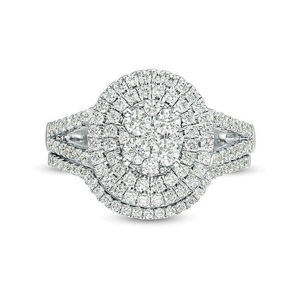 Diamant-Brautset mit doppeltem ovalem Rahmen und Quad-Besatz 1,13 ct. Gesamtgewicht in 10K Weißgold