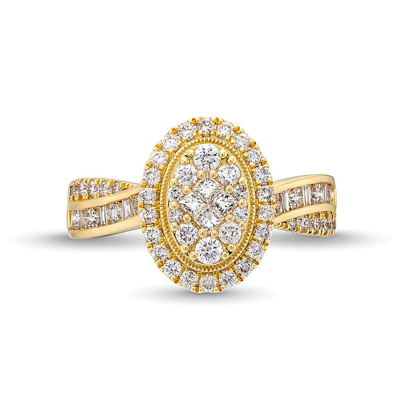 Verlobungsring mit mehreren Diamanten 1.0 ct. Gesamtgewicht in oval, Princess und Baguette aus 14K Gelbgold für Damen