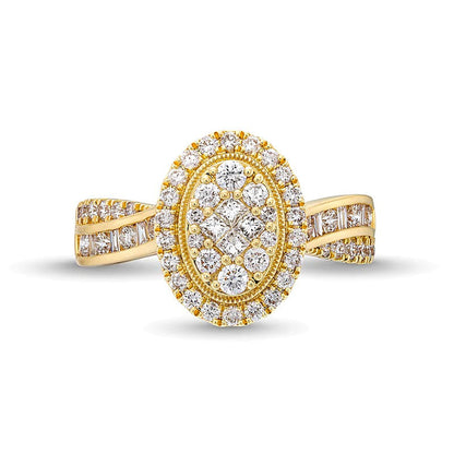 Verlobungsring mit mehreren Diamanten 1.0 ct. Gesamtgewicht in oval, Princess und Baguette aus 14K Gelbgold für Damen