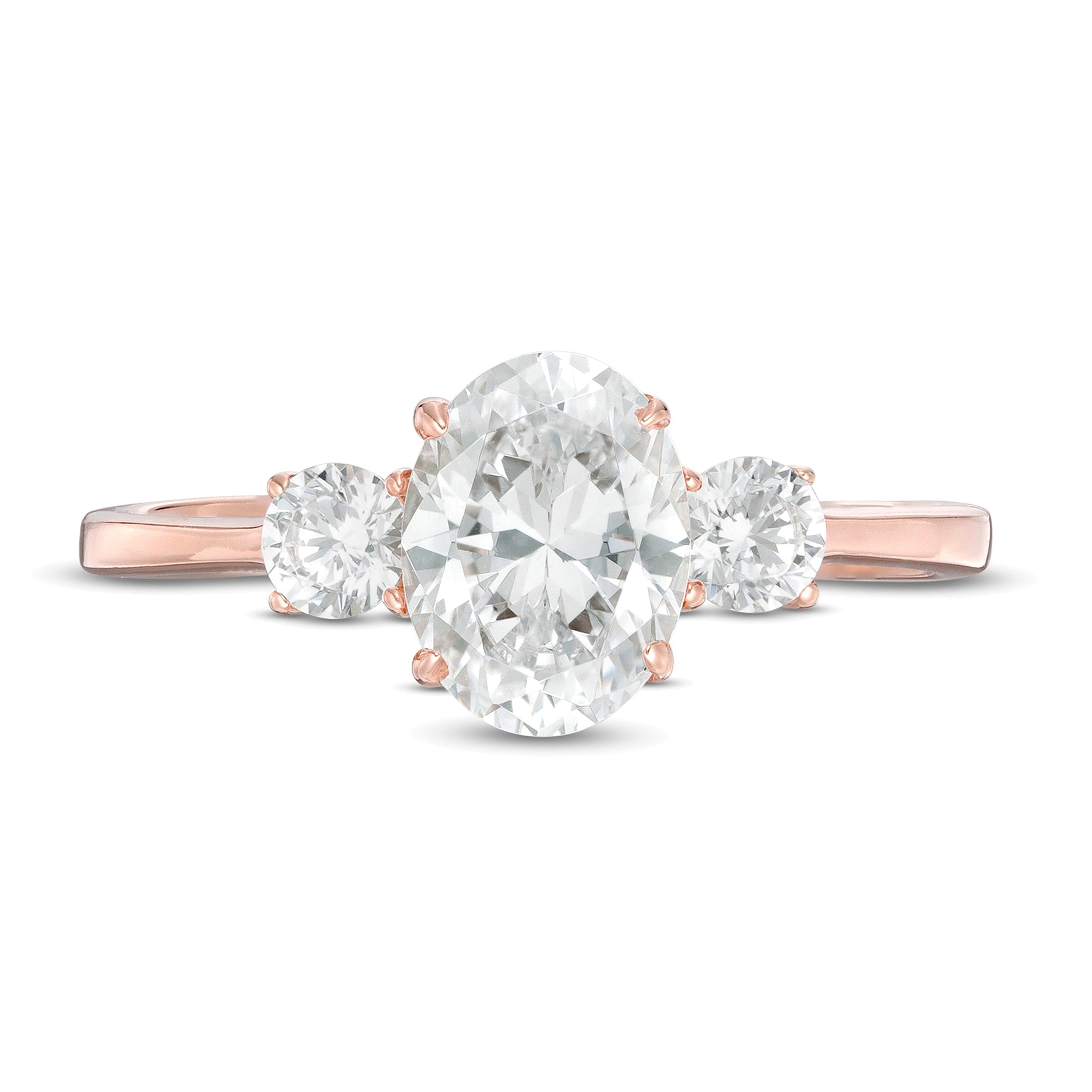 1,25 ct. Gesamtgewicht Dreistein-Verlobungsring mit Diamanten in Oval und rund in 14K Roségold