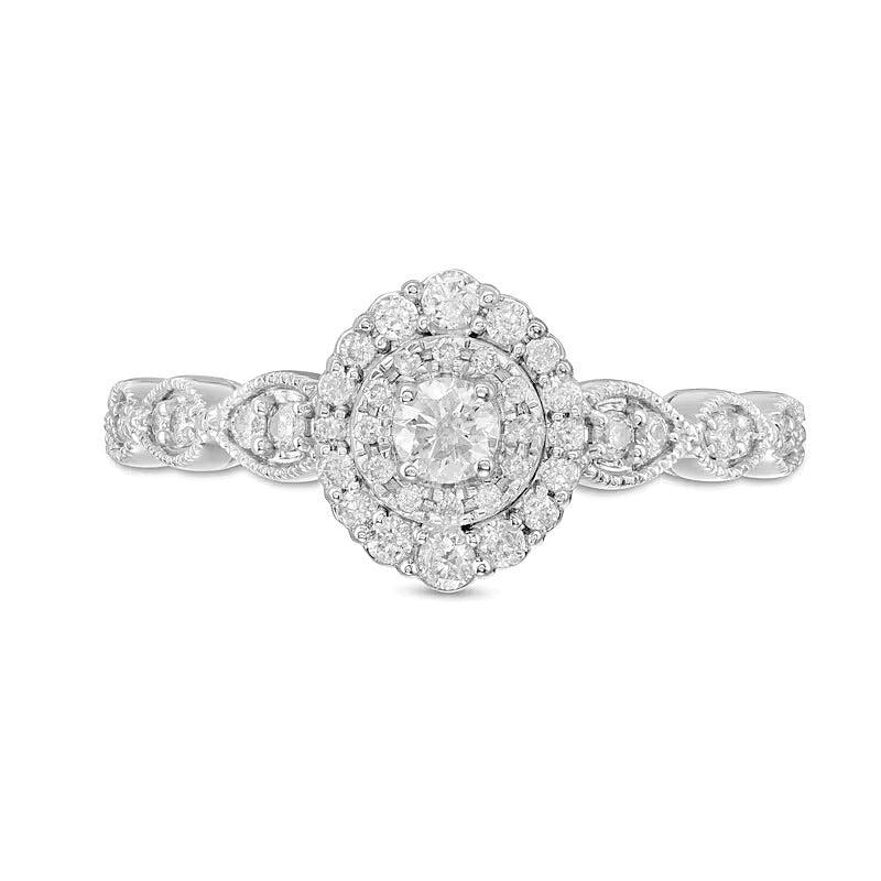 0,38 ct. Gesamtgewicht Diamant Verlobungsring im Art-déco-Vintage-Stil mit doppeltem Halo in 10K Weißgold