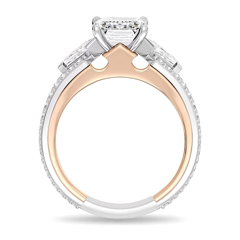 Verlobungsring Solitär mit seitlichem Besatz für Damen mit Labordiamanten im Smaragdschliff, 4.0 ct. Gesamtgewicht, in 14K Gold Two-Tone