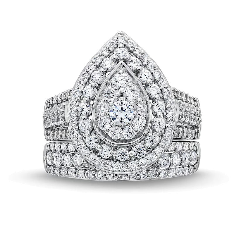2.0 ct. Gesamtgewicht Brautset mit Diamanten im Tropfen-Schliff und tropfenförmigem Rahmen, mehrreihig, in 10K Weißgold