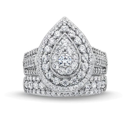 2.0 ct. Gesamtgewicht Brautset mit Diamanten im Tropfen-Schliff und tropfenförmigem Rahmen, mehrreihig, in 10K Weißgold
