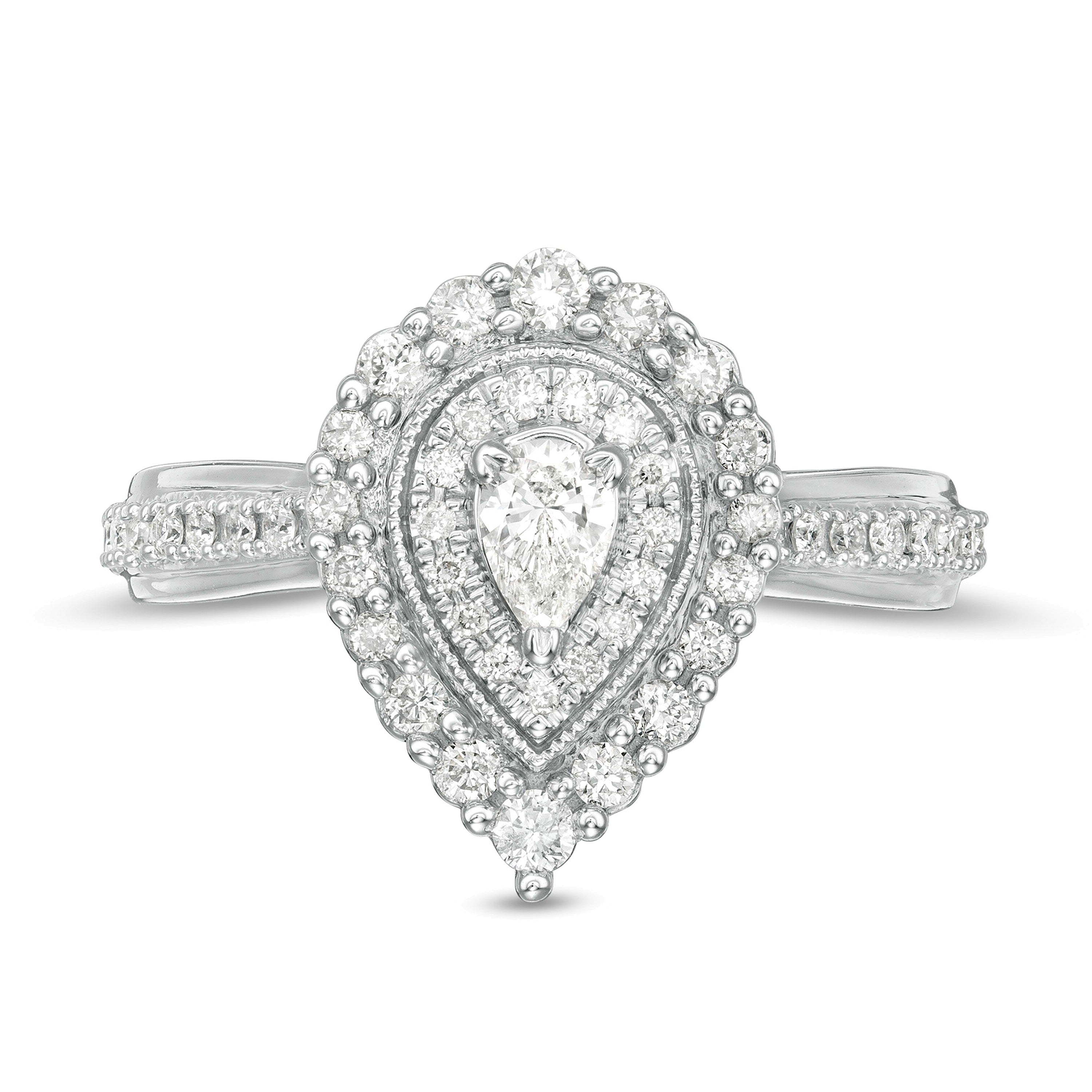 0,63 ct. Gesamtgewicht Verlobungsring Halo mit tropfenförmigen und runden Diamanten in 10K Weißgold
