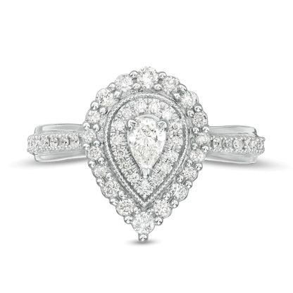 0,63 ct. Gesamtgewicht Verlobungsring Halo mit tropfenförmigen und runden Diamanten in 10K Weißgold