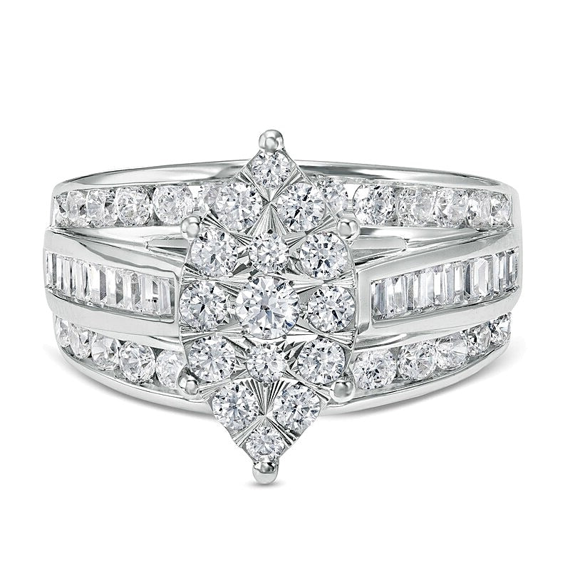Verlobungsring mit Diamanten 1.5 ct. Gesamtgewicht in Marquise- und Rundschliff dreireihig in 10K Weißgold