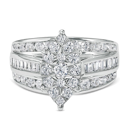 Verlobungsring mit Diamanten 1.5 ct. Gesamtgewicht in Marquise- und Rundschliff dreireihig in 10K Weißgold