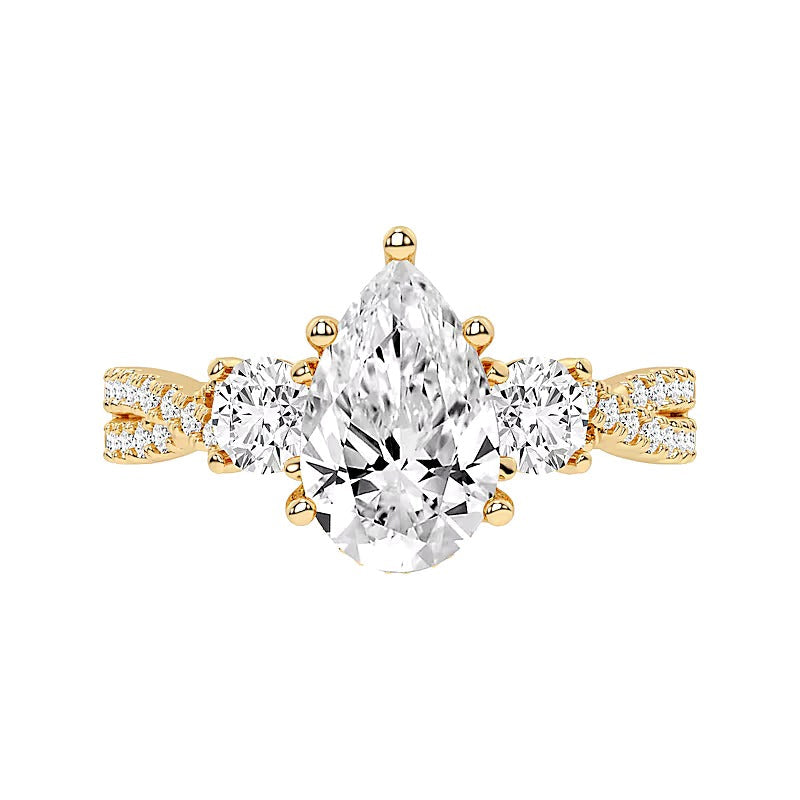 2,75 ct. Gesamtgewicht Dreistein-Verlobungsring mit tropfenförmigen Labordiamanten in 14K Gelbgold (F/SI2)