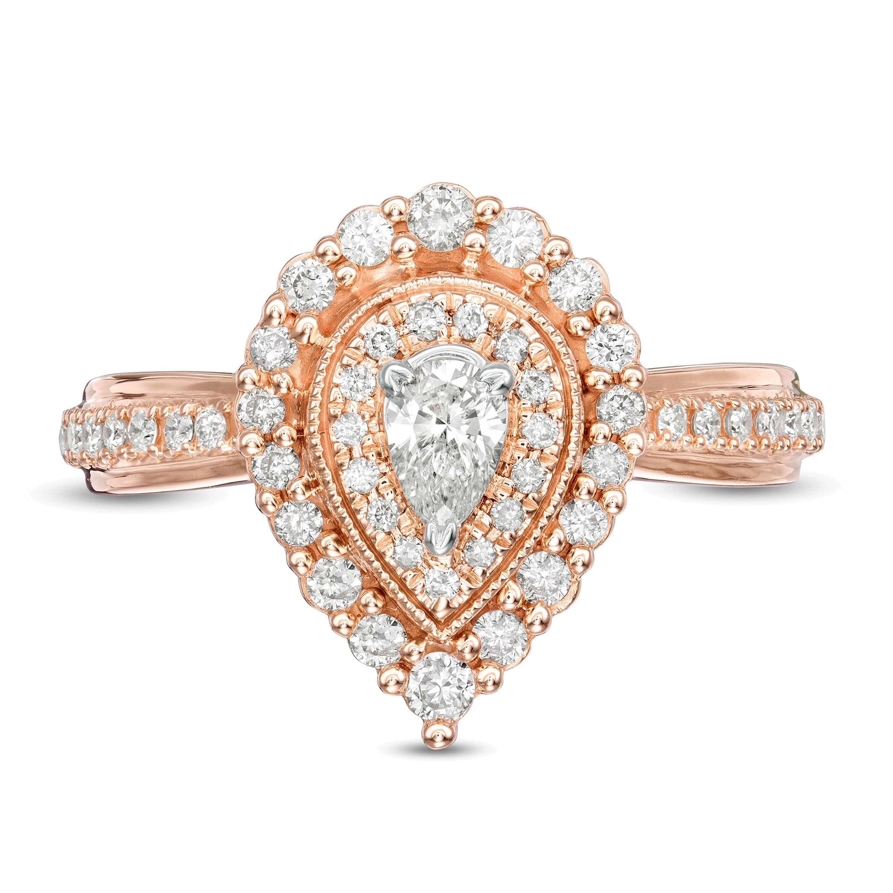 0,63 ct. Gesamtgewicht tropfenförmiger Diamant Halo-Verlobungsring im Vintage-Stil mit doppeltem Rahmen in 10K Roségold