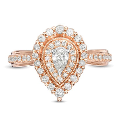 0,63 ct. Gesamtgewicht tropfenförmiger Diamant Halo-Verlobungsring im Vintage-Stil mit doppeltem Rahmen in 10K Roségold